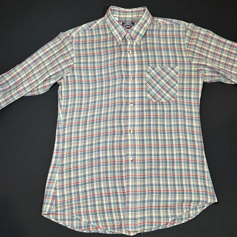 Vtg Levi Strauss‎ & Co Button Shirt Mens L Regular Tan Blue Red Plaid Cotton USA - Picture 5 of 14